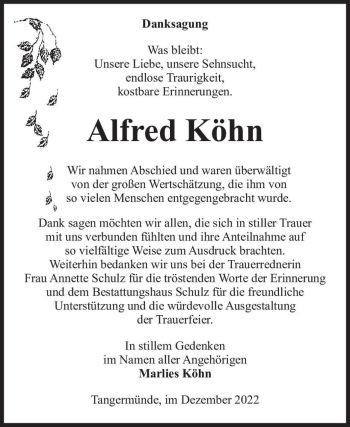 Traueranzeige von Alfred Köhn  von Magdeburger Volksstimme