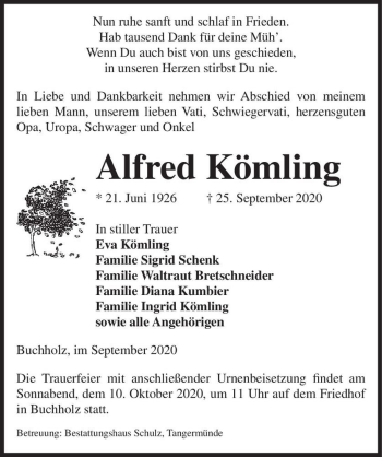 Traueranzeige von Alfred Kömling  von Magdeburger Volksstimme