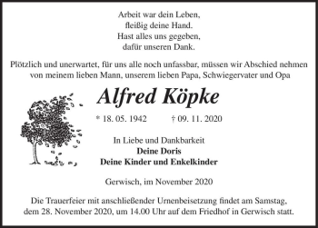 Traueranzeige von Alfred Köpke  von Magdeburger Volksstimme