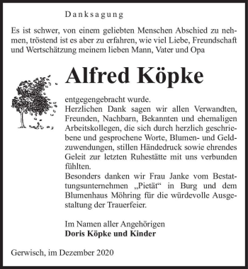 Traueranzeige von Alfred Köpke  von Magdeburger Volksstimme