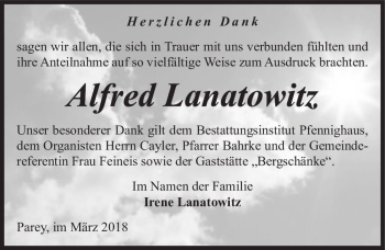 Traueranzeige von Alfred Lanatowitz  von Magdeburger Volksstimme