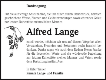 Traueranzeige von Alfred Lange  von Magdeburger Volksstimme