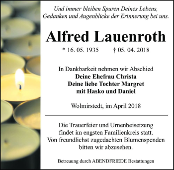 Traueranzeige von Alfred Lauenroth  von Magdeburger Volksstimme