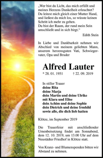 Traueranzeige von Alfred Lauter  von Magdeburger Volksstimme