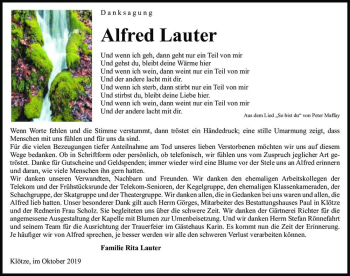 Traueranzeige von Alfred Lauter  von Magdeburger Volksstimme