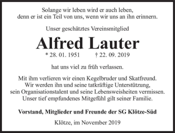 Traueranzeige von Alfred Lauter  von Magdeburger Volksstimme