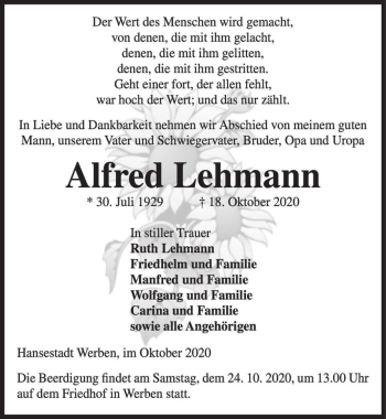Traueranzeige von Alfred Lehmann  von Magdeburger Volksstimme