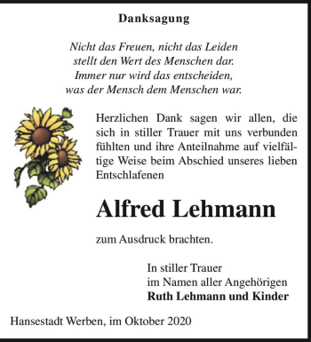 Traueranzeige von Alfred Lehmann  von Magdeburger Volksstimme