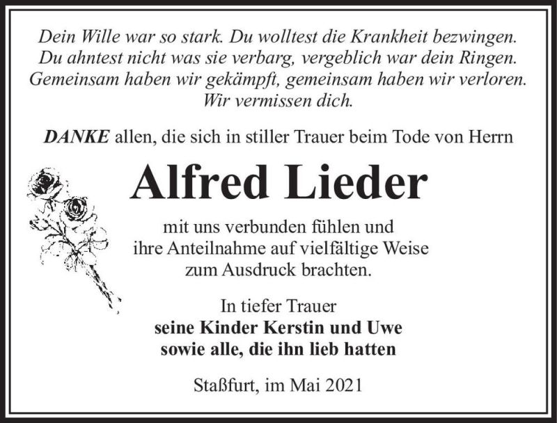  Traueranzeige für Alfred Lieder  vom 22.05.2021 aus Magdeburger Volksstimme