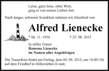 Traueranzeige von Alfred Lienecke  von Magdeburger Volksstimme