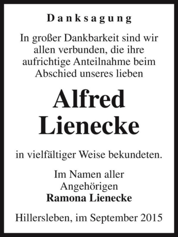Traueranzeige von Alfred Lienecke  von Magdeburger Volksstimme