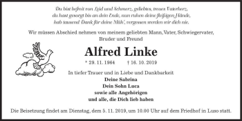 Traueranzeige von Alfred Linke  von Magdeburger Volksstimme