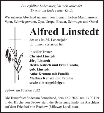 Traueranzeige von Alfred Linstedt  von Magdeburger Volksstimme