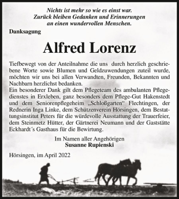 Traueranzeige von Alfred Lorenz  von Magdeburger Volksstimme