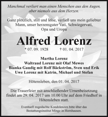 Traueranzeige von Alfred Lorenz  von Magdeburger Volksstimme