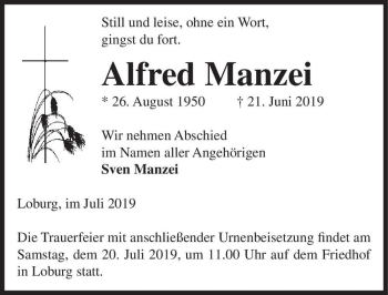 Traueranzeige von Alfred Manzei  von Magdeburger Volksstimme