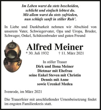 Traueranzeige von Alfred Meiner  von Magdeburger Volksstimme