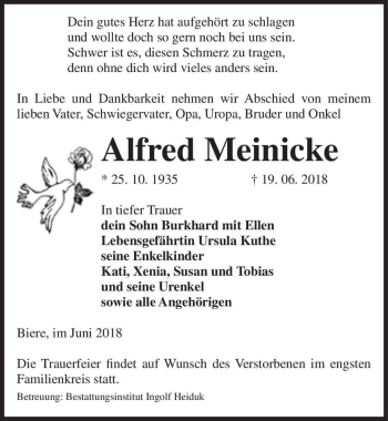 Traueranzeige von Alfred Meinicke  von Magdeburger Volksstimme