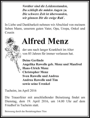 Traueranzeige von Alfred Menz  von Magdeburger Volksstimme
