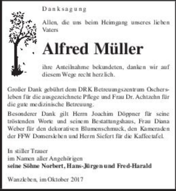 Traueranzeige von Alfred Müller  von Magdeburger Volksstimme