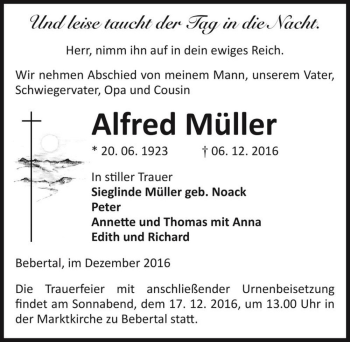 Traueranzeige von Alfred Müller  von Magdeburger Volksstimme