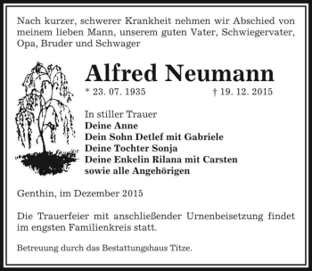 Traueranzeige von Alfred Neumann  von Magdeburger Volksstimme