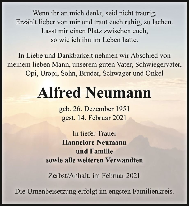  Traueranzeige für Alfred Neumann  vom 27.02.2021 aus Magdeburger Volksstimme