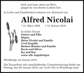 Traueranzeige von Alfred Nicolai  von Magdeburger Volksstimme