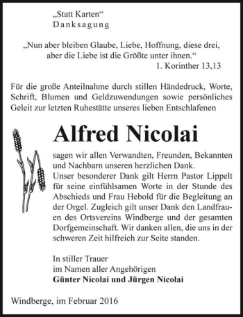 Traueranzeige von Alfred Nicolai  von Magdeburger Volksstimme