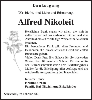 Traueranzeige von Alfred Nikoleit  von Magdeburger Volksstimme