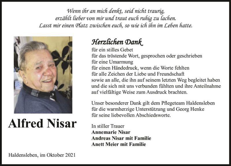  Traueranzeige für Alfred Nisar  vom 23.10.2021 aus Magdeburger Volksstimme
