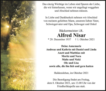 Traueranzeige von Alfred Nisar  von Magdeburger Volksstimme
