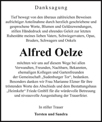 Traueranzeige von Alfred Oelze  von Magdeburger Volksstimme