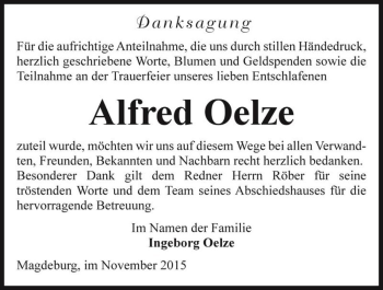 Traueranzeige von Alfred Oelze  von Magdeburger Volksstimme