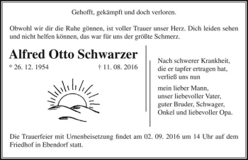 Traueranzeige von Alfred Otto Schwarzer  von Magdeburger Volksstimme