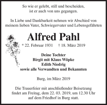 Traueranzeige von Alfred Pahl  von Magdeburger Volksstimme