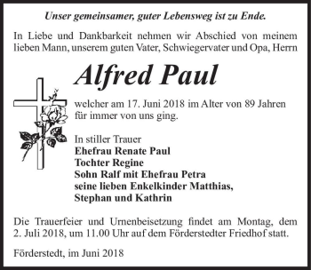 Traueranzeige von Alfred Paul  von Magdeburger Volksstimme