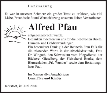 Traueranzeige von Alfred Pfau  von Magdeburger Volksstimme