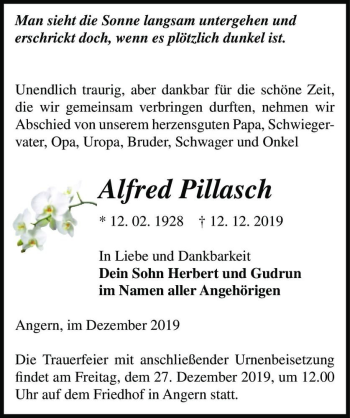 Traueranzeige von Alfred Pillasch  von Magdeburger Volksstimme
