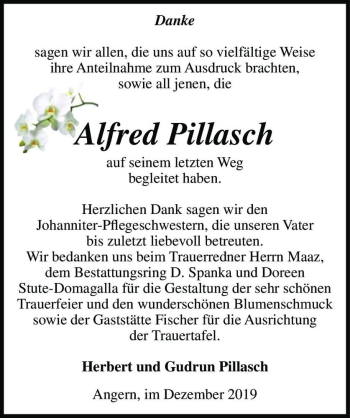 Traueranzeige von Alfred Pillasch  von Magdeburger Volksstimme