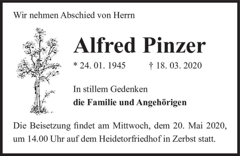  Traueranzeige für Alfred Pinzer  vom 16.05.2020 aus Magdeburger Volksstimme