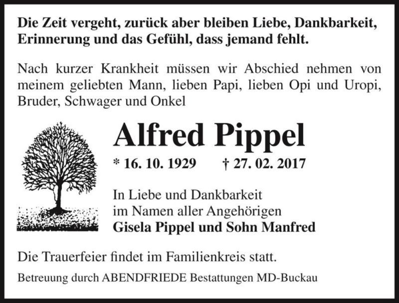  Traueranzeige für Alfred Pippel  vom 11.03.2017 aus Magdeburger Volksstimme