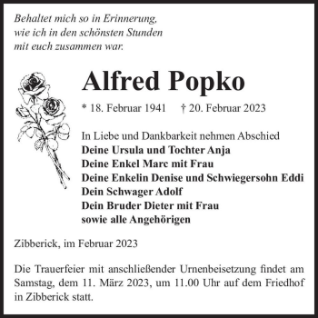 Traueranzeige von Alfred Popko  von Magdeburger Volksstimme
