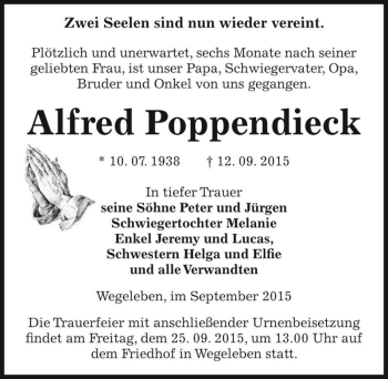 Traueranzeige von Alfred Poppendieck  von Magdeburger Volksstimme