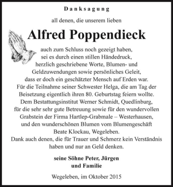 Traueranzeige von Alfred Poppendieck  von Magdeburger Volksstimme