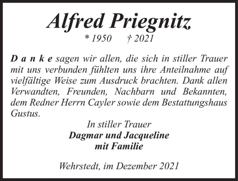  Traueranzeige für Alfred Priegnitz  vom 24.12.2021 aus Magdeburger Volksstimme