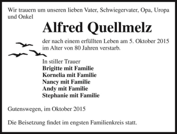 Traueranzeige von Alfred Quellmelz  von Magdeburger Volksstimme