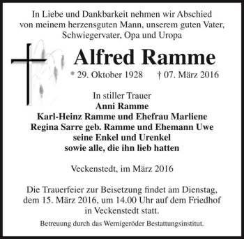 Traueranzeige von Alfred Ramme  von Magdeburger Volksstimme