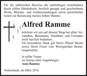 Traueranzeige von Alfred Ramme  von Magdeburger Volksstimme