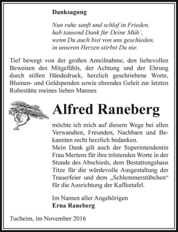 Traueranzeige von Alfred Raneberg  von Magdeburger Volksstimme